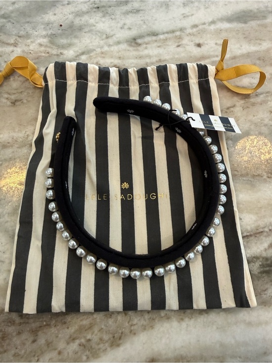 NWT Lele Sadoughi JET Black PEARL EMBELLISHED VELVET GIGI HEADBAND